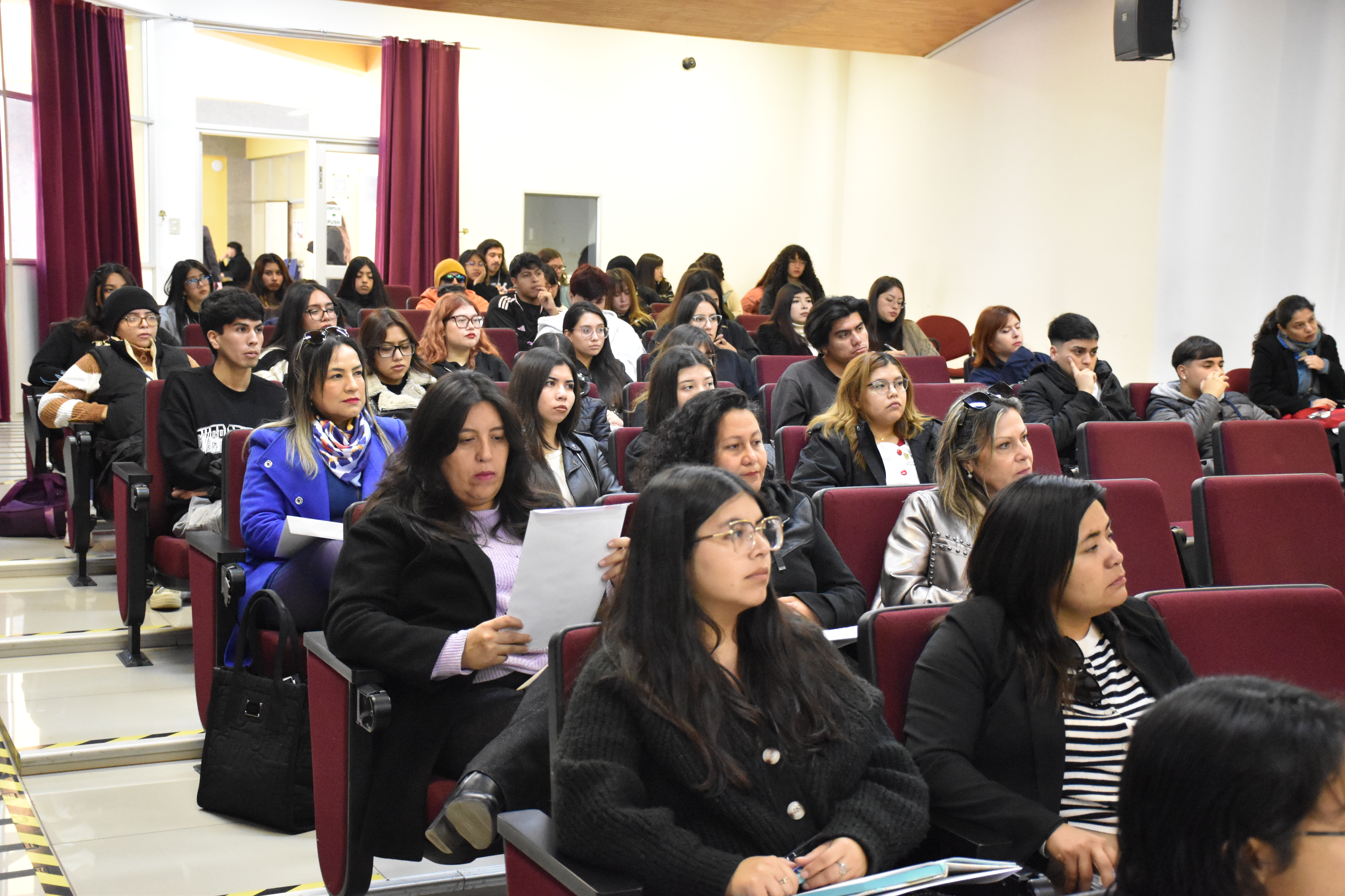 Grupo de personas sentadas en un auditorio mediano asistiendo a seminario sobre Comunicación Consciente: Inclusión y Derechos Sexuales y Reproductivos de las Personas con Discapacidad, mirando de izquierda a derecha en posición tres cuartos. Paredes blancas y sillas burdeos