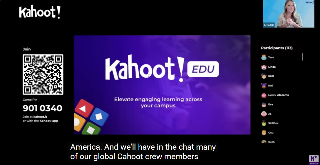 Captura de pantalla de Seminario Web Internacional: Reimaginando el aprendizaje en medicina. Al centro una pantalla morada que dice Kahoot! en blanco, a la izquierda hay un QR para participar y a la derecha arriba hay una mujer transmitiendo pantalla y al lado inferior se proyectan los nombres de los participantes